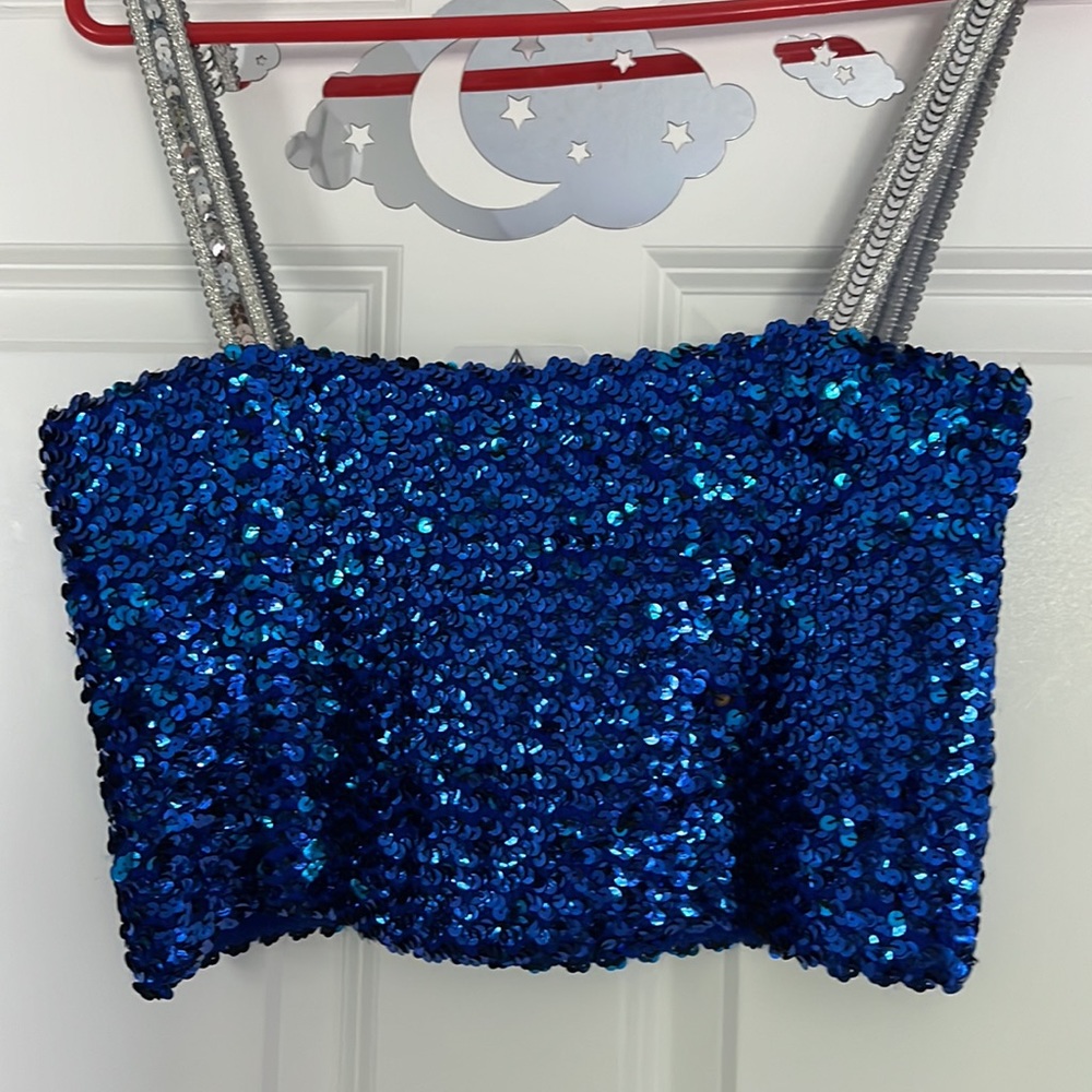 🫶🏼BLUE&SILVER 🎽ELASTIC STRETCHY SEQUINS CROP TOP BY TOPPETTES 50-60’s ATTIRE - Picture 5 of 8